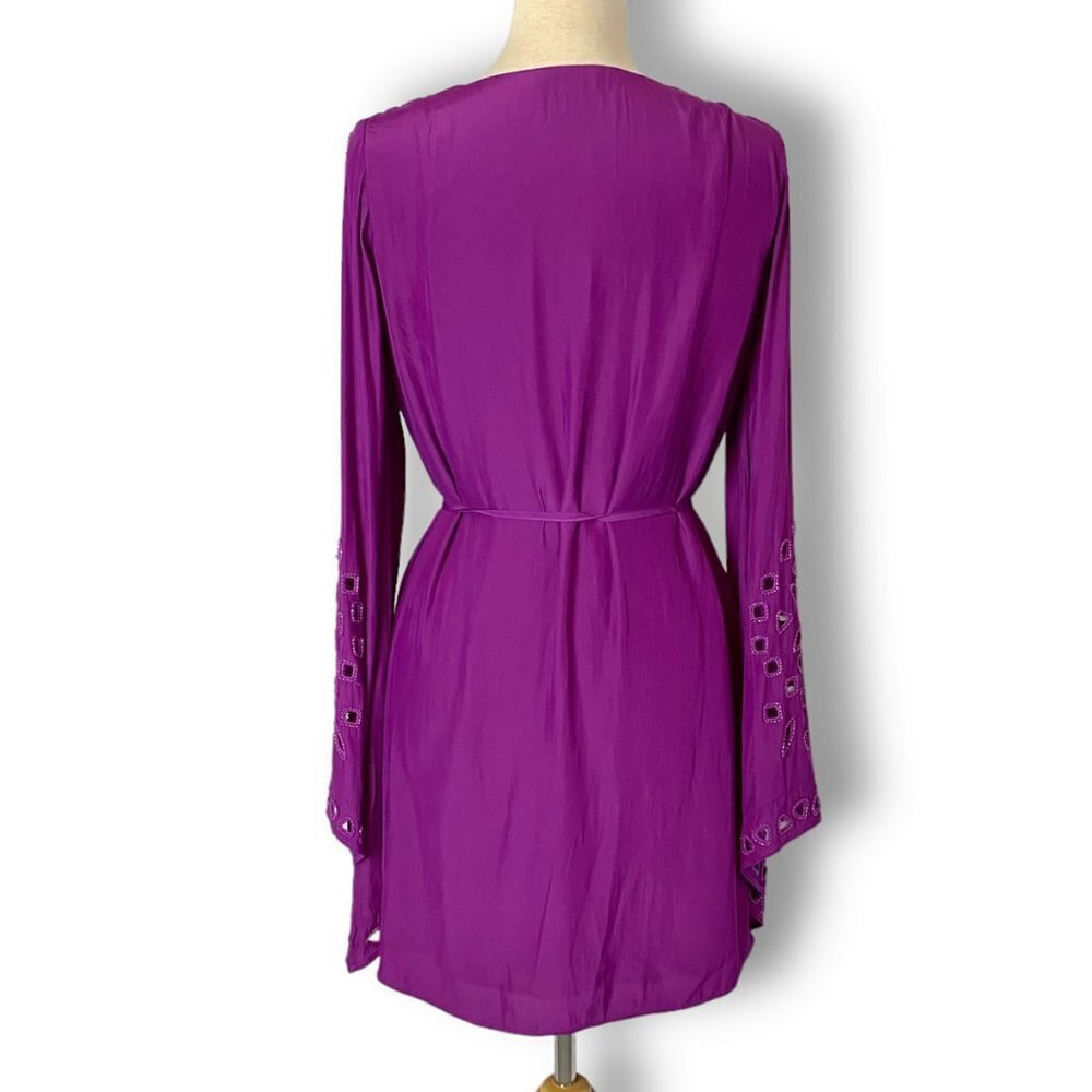 Ramy Brook Eyelet Molly Pink Purple Long Bell Sleeve Mini Dress, Beaded, Sz XS - Picture 6 of 11